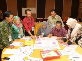 Prof. Dr. Patta Bundu, Dosen UNM (kedua dari kanan) terlibat aktif dalam pelatihan untuk peningkatan mutu PPL mahasiswa calon guru di Hotel Jogjakarta Plaza Rabu (20/7/2016)