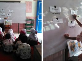 Ibu Irmawati memfasilitasi siswa kelas 3 SD untuk pandai menyusun kalimat-kalimat dengan prinsip 5W I H.